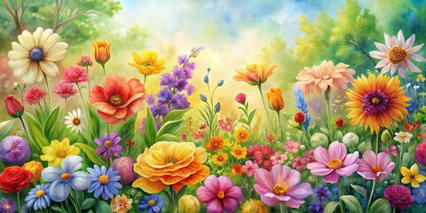 Naklejka premium Watercolor floral garden with vibrant colorful flowers in full bloom for design projects