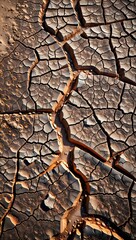 Cracked earth showing signs of severe drought in an arid landscape during the late afternoon sunlight. Generative AI