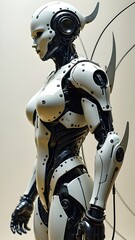 Fototapeta premium A sleek humanoid robot stands in a bright studio, showcasing advanced tech features powered by generative AI