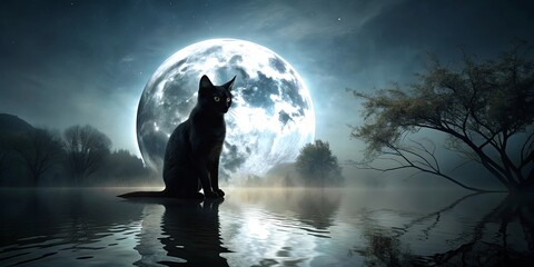 Fototapeta premium Mysterious black cat near water under full moon light with spooky atmosphere