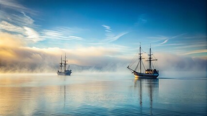 Fototapeta premium Misty seascape with two drifting ships in the fog, nautical themed stock photo
