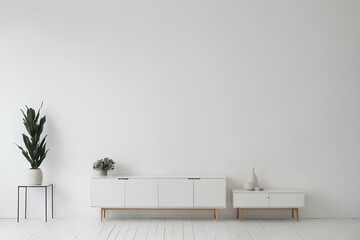modern living room with white furniture, blank white paper on white wall, white brick wall background