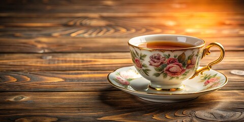 Obraz premium Elegant Tea Cup and Saucer Set on Wooden Table with Classic Styling