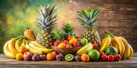 Display of Fresh and Colorful Fruits including Bananas and Pineapples on a Table