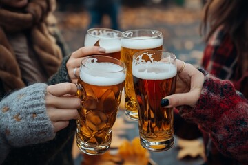 Friends share autumn cheer over beers at a cozy restaurant after work in a warm setting