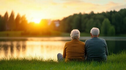 An elderly couple sits on the grass by a peaceful lake, watching the warm sunset glow reflecting on the calm water during a quiet evening..