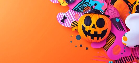 Naklejka premium Playful Abstract Halloween Themed Background with Vibrant Pumpkins Ghosts and Spiders