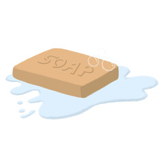 A simple beige bar of soap resting on a puddle of water, surrounded by small bubbles