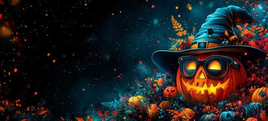 Playful Abstract Halloween Background with Glowing Pumpkin and Spooky Elements
