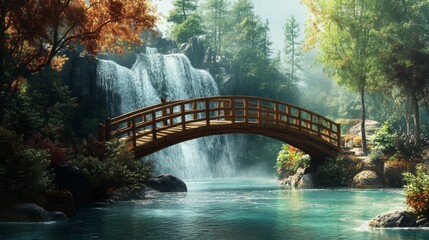 A wooden bridge arches over a tranquil stream in a lush forest, with a cascading waterfall in the background.