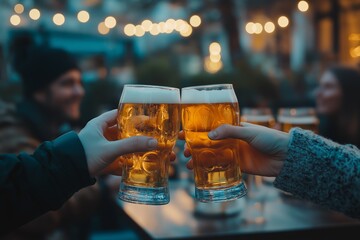 Friends gather at a local restaurant to enjoy cold beers and celebrate the cozy autumn season after work