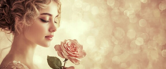 Vintage Style Portrait of a Woman Holding a Rose with Ethereal Backdrop