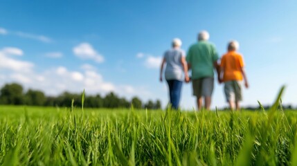 Fototapeta premium A group of elderly individuals walk hand in hand through a sunny green field, enjoying the fresh air and nature's beauty together.