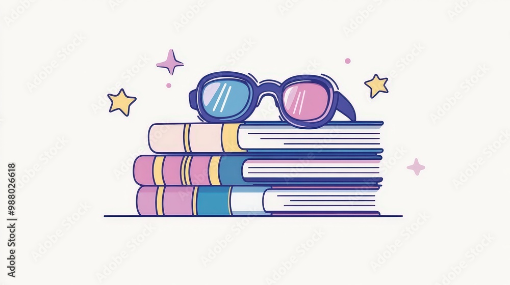 Poster minimalistic 2d vector illustration of stacked books with goggles in flat design style on transparen