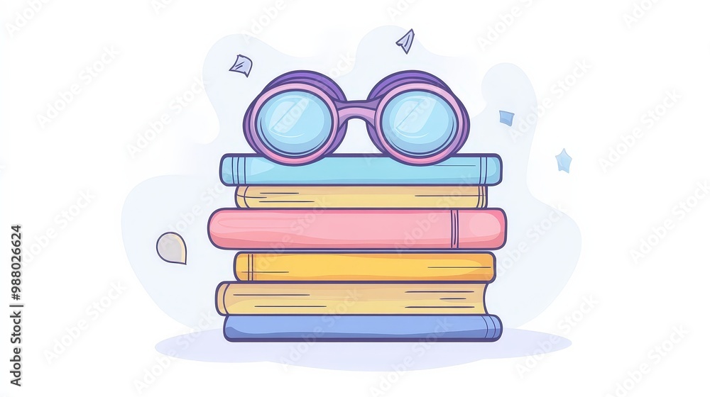 Poster modern vector illustration of books stack with goggles - minimalistic design in soft pastel tones on