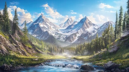 Obraz premium Majestic Mountain Range with a Winding River