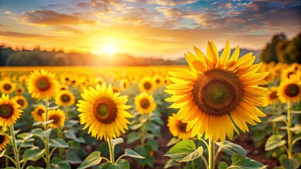 Fototapeta premium Magical sunflower field with vibrant yellow flowers under the golden sunlight