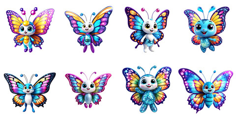 Obraz premium Illustration set of cute colorful butterfly. Character. White background