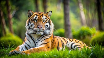 Obraz premium Close up of a tiger relaxing on green grass with trees in background