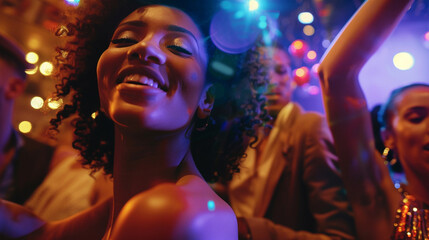 People Dancing at Party with Colorful Lights and Energy