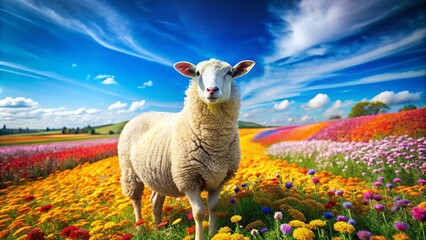 Fototapeta premium Colorful sheep painting in vibrant flower field under a bright blue sky