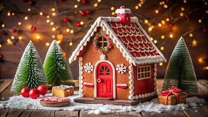 Fototapeta premium Gingerbread house with red door and chimney decorated for the holidays