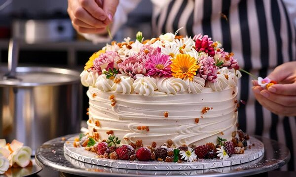 A cake with flowers on top is being decorated by a person 4K Video