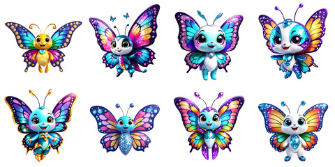 Illustration set of cute colorful butterfly. Character. White background