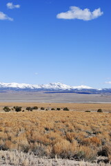 Snow-covered mountains rising up in the distance over vast high mountain desert landscape on a sunny winter day