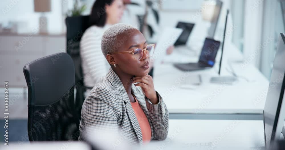Aufkleber Work, research and black woman with computer in office for information technology, project or planning. Programming, business and developer with tech for backend development, server or system testing