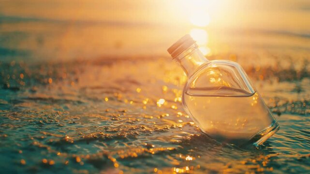 夕方の海のビーチに置いたガラスボトル　レンズフレア　スローモーション