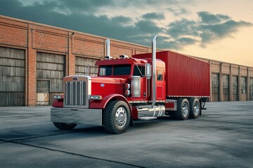 A striking red semi tractor trailer parked in front of an industrial warehouse during twilight hours