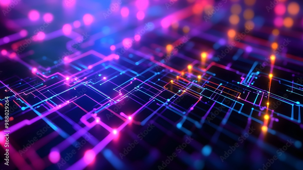 Aufkleber abstract neon circuit board with glowing lines and nodes