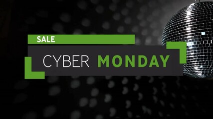 Cyber Monday sale animation over dark background with disco ball - Powered by Adobe
