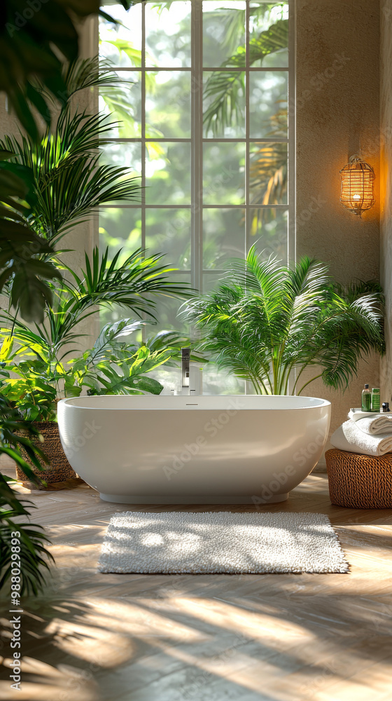 Wall mural Relaxing bathtub in a spa-like bathroom with lush greenery.