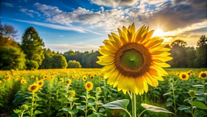 Obraz premium Sunflower standing in a vibrant field with trees in the background