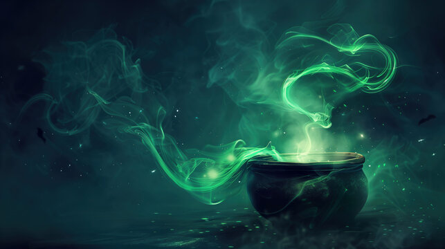 Illustration of a witch's brew bubbling in a cauldron, with tendrils of green smoke spiraling into the night sky.