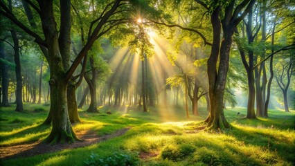 Obraz premium Enchanted Forest with Sunlight Filtering Through Trees, Lush Greenery and Long Shadows