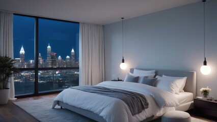 Fototapeta premium A comfortable bedroom with a night view of city buildings outside the window
