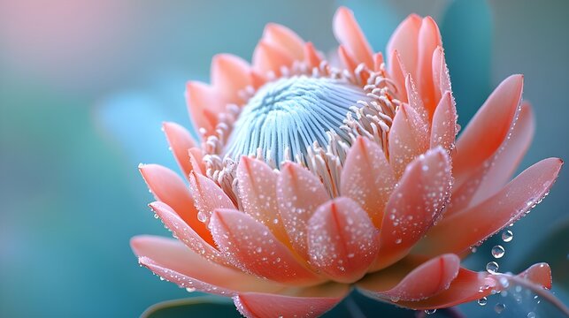 Close up of protea flower with water droplets on petals - Generated AI