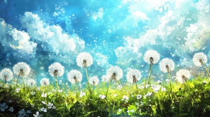 Dreamy Spring Landscape with Dandelions and Blue Sky