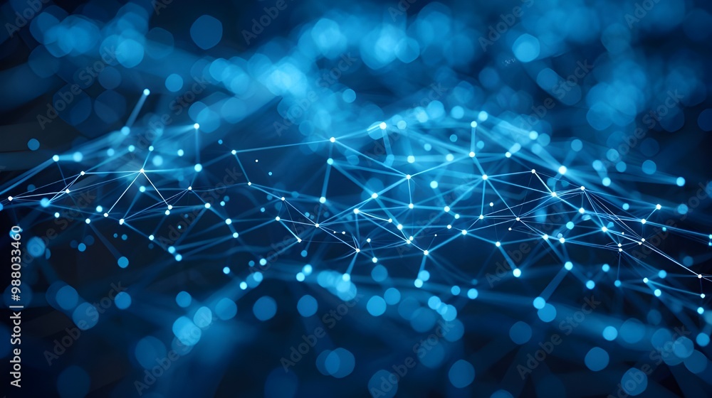 Poster Abstract blue background with connecting dots and lines. Network concept. 3d rendering - Generated AI