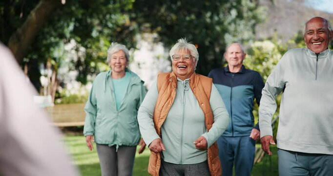 Senior, people and group for exercise outdoor with instructor, stretching training and mobility of health. Elderly, community and coach for fitness class, shoulder workout and wellness on retirement