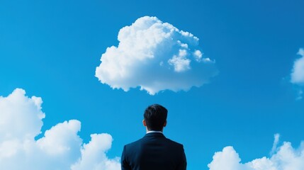 A businessman stands contemplating under a bright blue sky with fluffy clouds, symbolizing aspiration and vision.