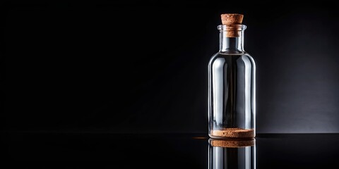 Naklejka premium Glass bottle with cork and reflection on black background for stock photography