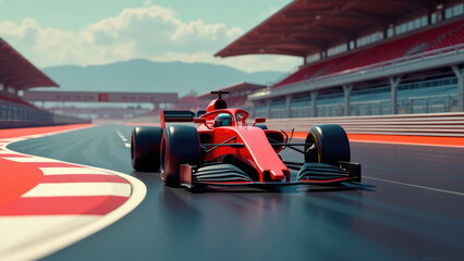 Naklejka premium A red race car is speeding down a track. The car is in the middle of the track and is the only car visible. The track is surrounded by a red and white striped fence