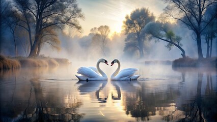 Fototapeta premium Beautiful romantic scene of two swans in heart shape on water with trees and fog in the background