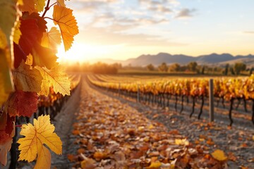 Sunrise over autumn vineyard with golden leaves and mountain views in German wine country. Nature landscape concept
