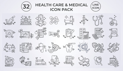 line icon set of health care and medical icon illustration vector design, various bundle collection