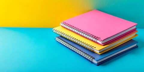 Fototapeta premium Colorful notebooks stacked on blue-yellow surface beside pink-blue cover for office supplies